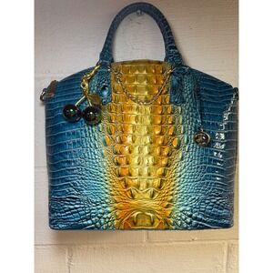 Brahmin Duxbury Satchel Blue Yellow Ombre Crocodile Embossed Leather Handbag